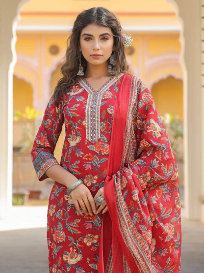 Dhiyona RR Women's Floral Printed V-Neck Sequinned Pure Cotton Kurta Set