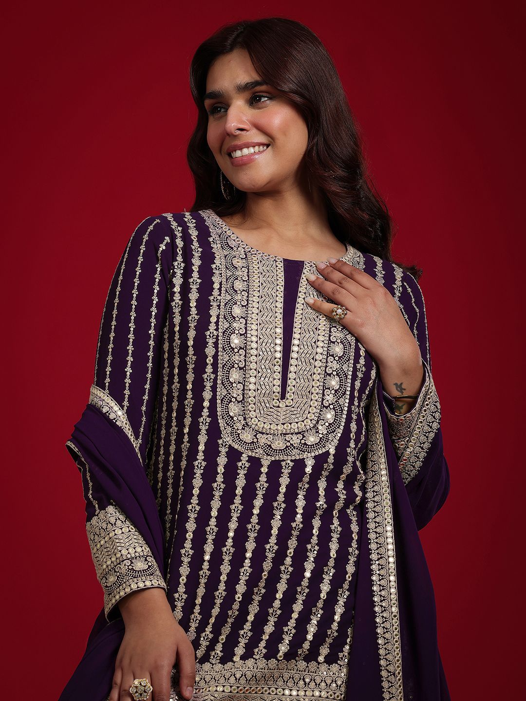Dhiyona LL Floral Embroidered Georgette Straight Kurti With Palazzos & Dupatta