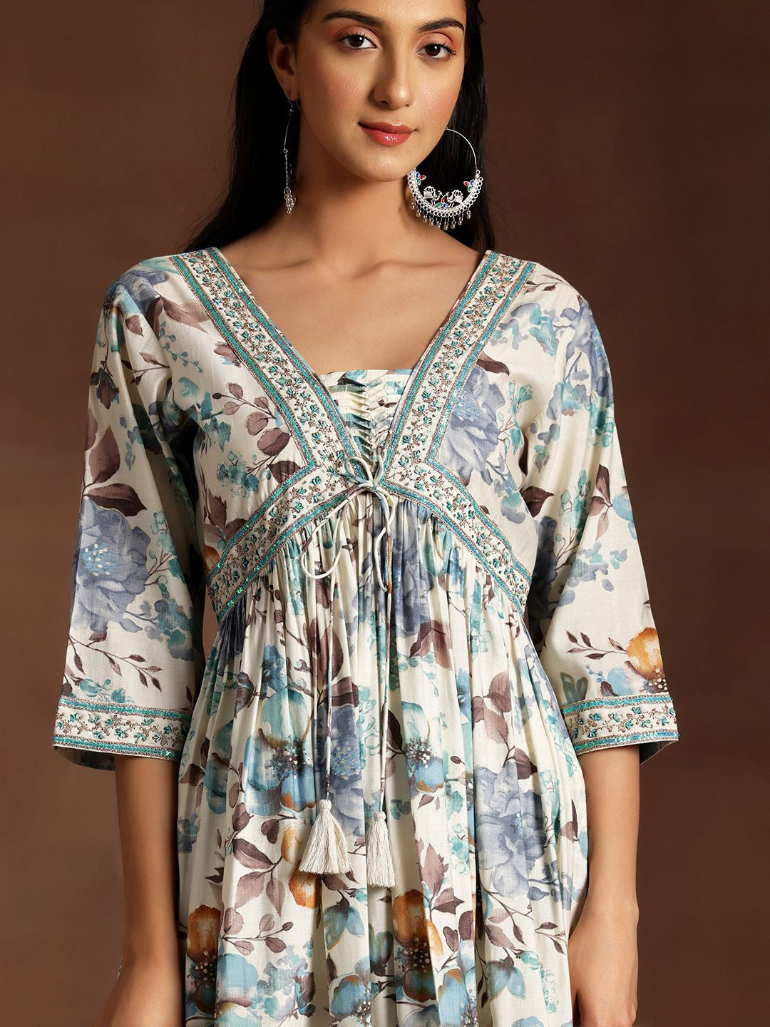Floral Printed Empire Sequinned Kurta with Palazzo & Dupatta