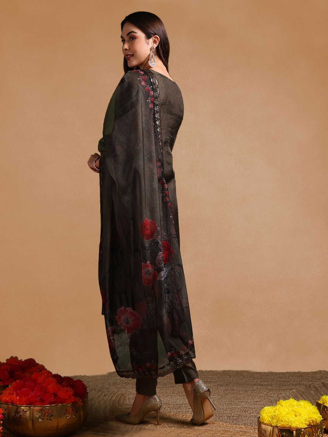Dhiyona KL Floral Printed Sequinned Straight Organza Kurta with Trousers & Dupatta