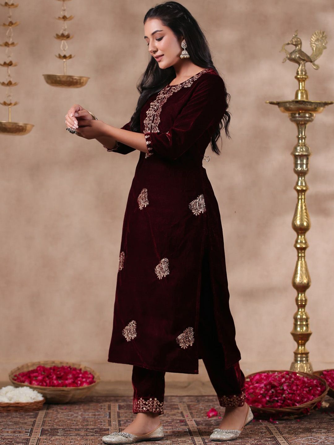 Dhiyona IS Women's Maroon Ethnic Motifs Embroidered Thread Work Velvet Straight Kurta With Trouser