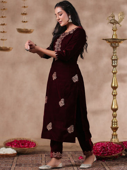 Dhiyona IS Women's Maroon Ethnic Motifs Embroidered Thread Work Velvet Straight Kurta With Trouser