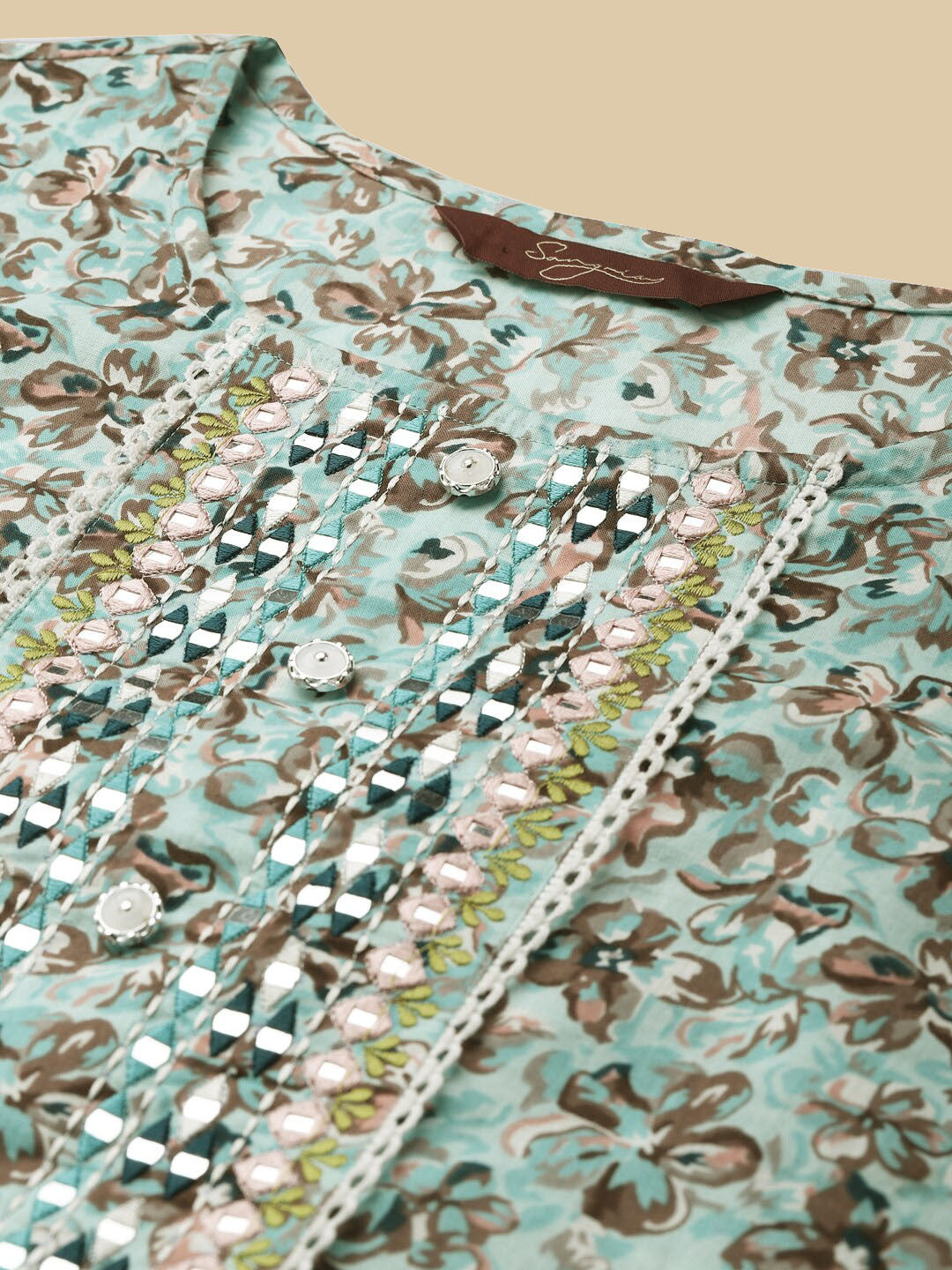 Sea Green & Brown Floral Printed Pure-Cotton Straight Kurta With Trouser & Dupatta