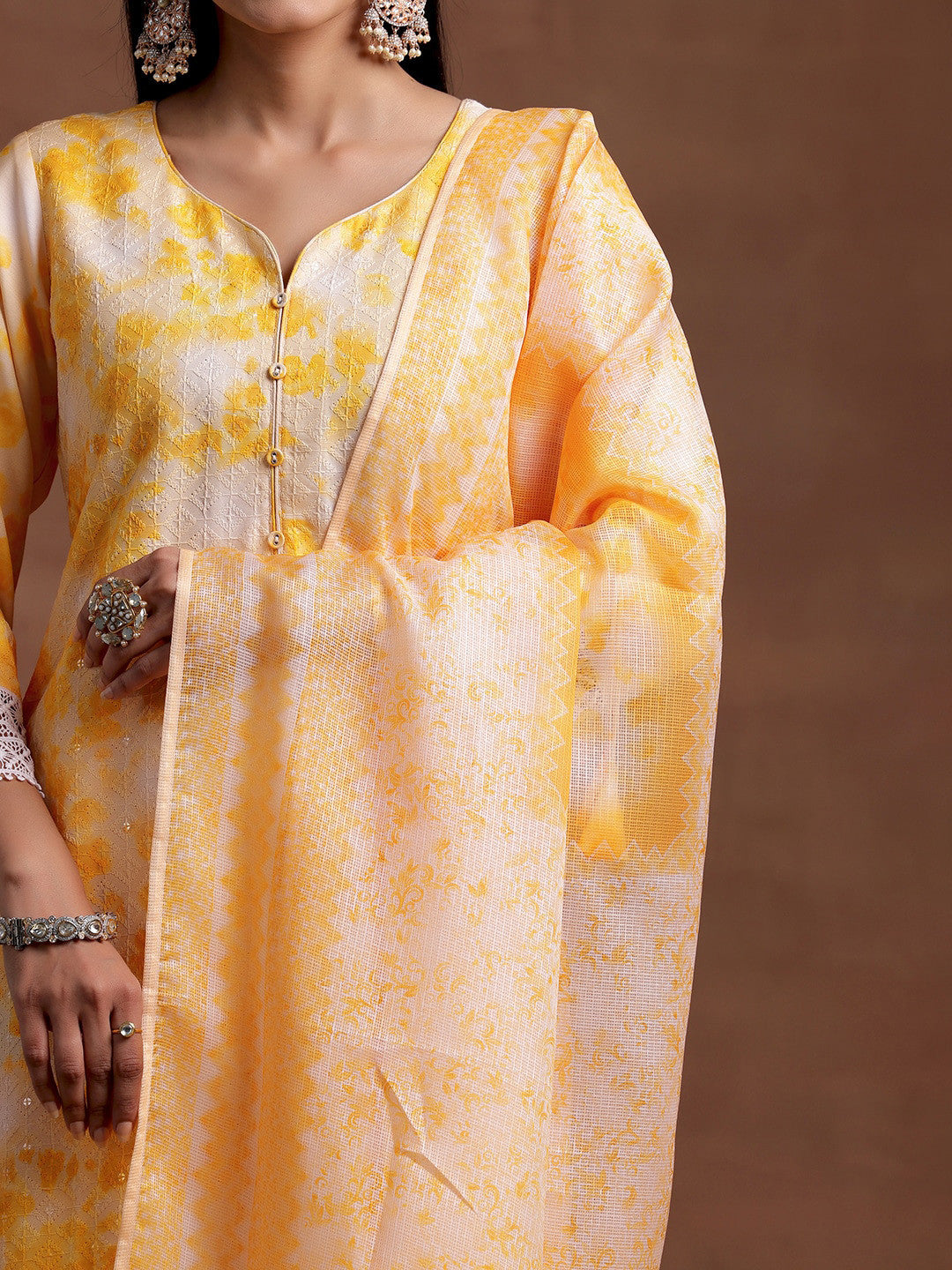 Notched Neck Geometric Embroidered Straight Kurta with Palazzo & Dupatta