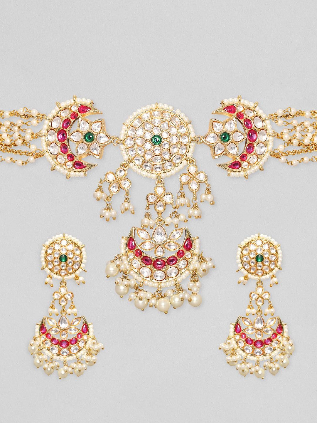 Dhiyona RJ Women's 24K Gold-Plated Kundan & Emerald, Ruby Pink Studded Pearl Beaded Bridal Choker Set