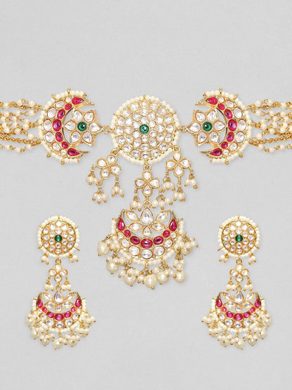 Dhiyona RJ Women's 24K Gold-Plated Kundan & Emerald, Ruby Pink Studded Pearl Beaded Bridal Choker Set