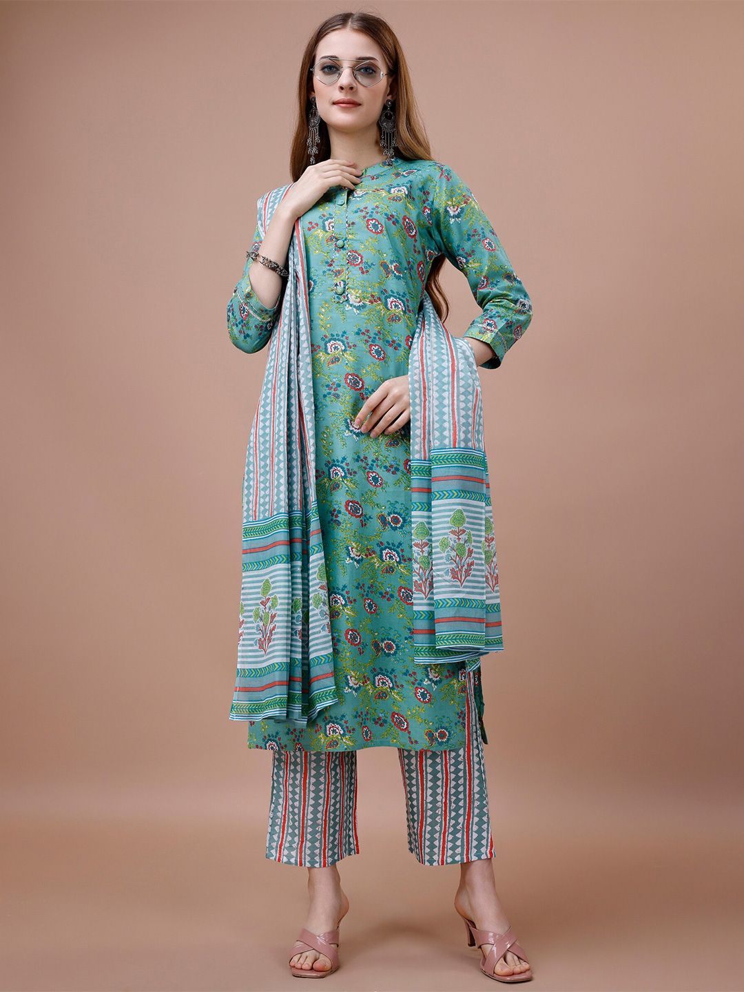 Dhiyona IS Women's Floral Printed Mandarin Collar Pure Cotton Kurta with Trousers & Dupatta