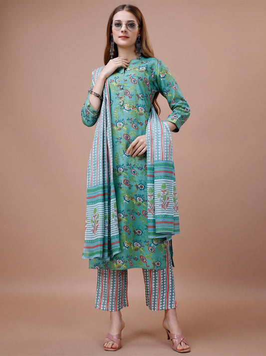 Dhiyona IS Women's Floral Printed Mandarin Collar Pure Cotton Kurta with Trousers & Dupatta
