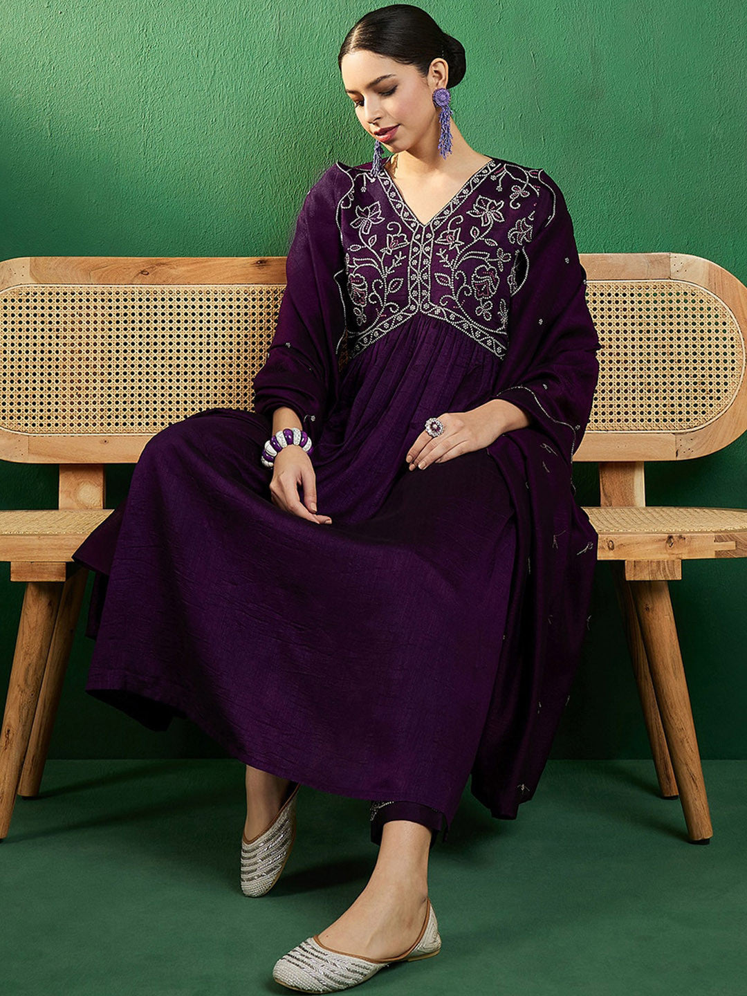 Alia Cut Ethnic Motifs Embroidered V-Neck A-line Kurta & Trousers With Dupatta