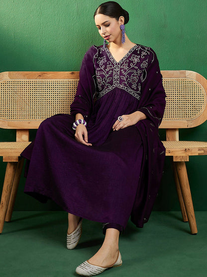 Alia Cut Ethnic Motifs Embroidered V-Neck A-line Kurta & Trousers With Dupatta