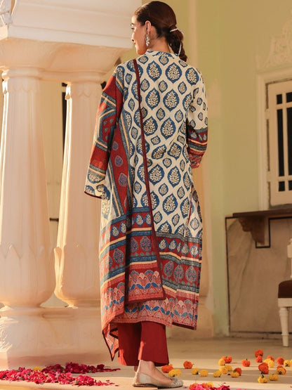 Dhiyona RR Women's Floral Printed Mandarin Collar Muslin Kurta With Trousers & Dupatta