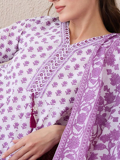Dhiyona IE Floral Printed V-Neck Empire Pure Cotton Anarkali Kurta With Trouser And Dupatta