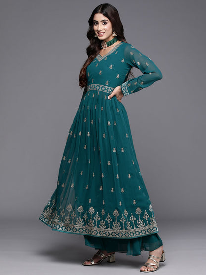 Dhiyona LL Floral Embroidered High Slit Sequinned Kurta with Palazzos & Dupatta