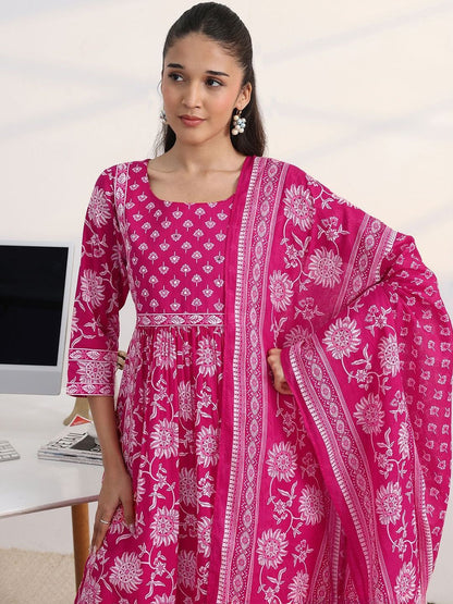 Libas Fuchsia Pink Floral Print A-Line Suit Set with Dupatta