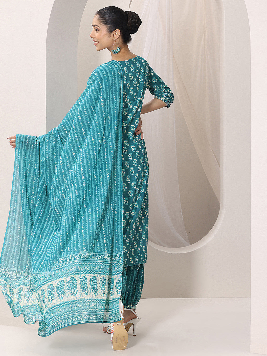 Teal Ethnic Printed Cotton Afghani Salwar Suit Set