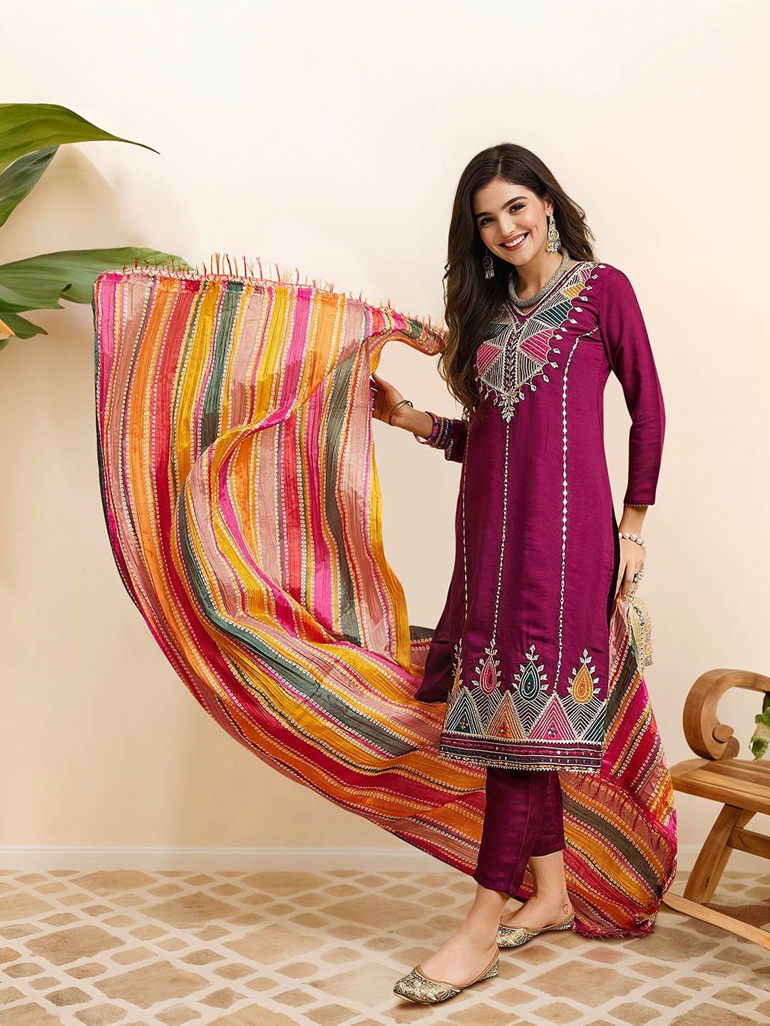 Dhiyona IS Women's Ethnic Motifs Embroidered Pure Cotton Straight Kurta with Trousers & Dupatta