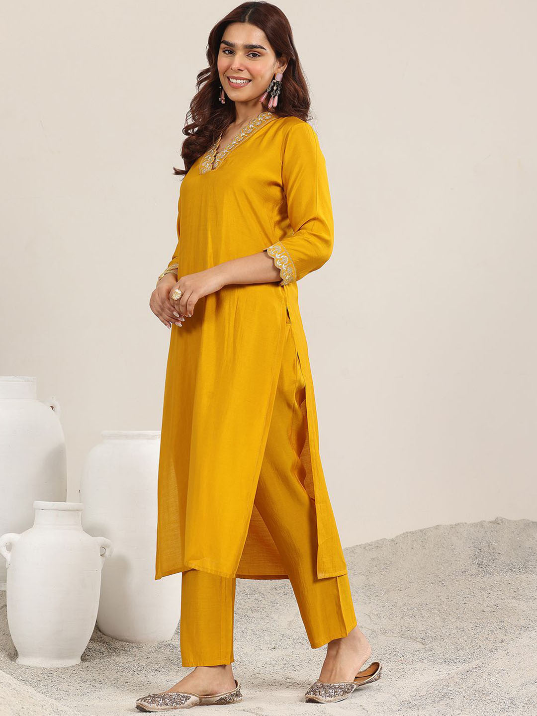 Yoke Design V-Neck Straight Sequinned Kurta With Trousers And Dupatta