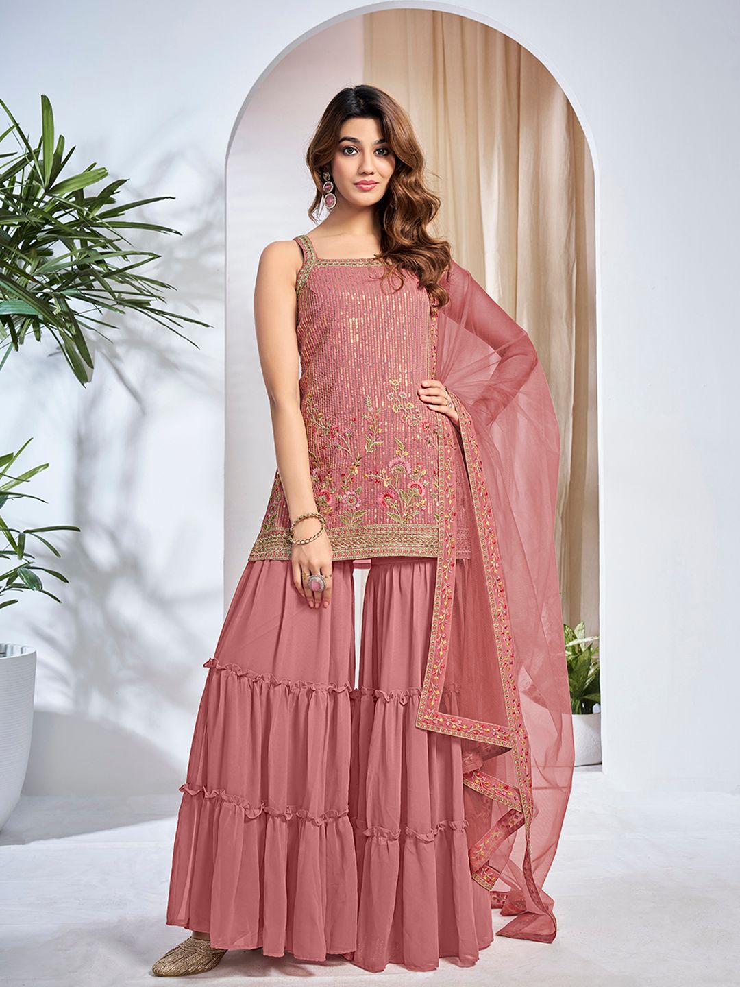 Dhiyona IN Women Floral Embroidered Regular Thread Work Kurta with Sharara & With Dupatta