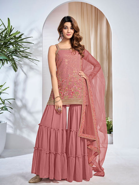 Dhiyona IN Women Floral Embroidered Regular Thread Work Kurta with Sharara & With Dupatta