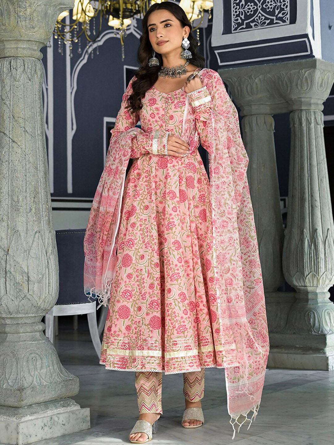 Dhiyona KL Floral Printed Anarkali Kurta & Trousers With Dupatta