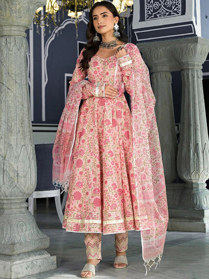 Dhiyona KL Floral Printed Anarkali Kurta & Trousers With Dupatta