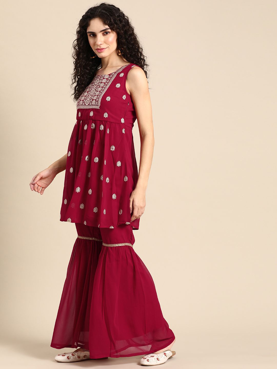 Dhiyona AN Women Ethnic Motifs Yoke Design Pleated Kurta with Sharara & With Dupatta
