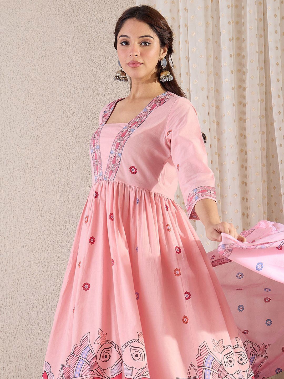 Dhiyona IE Women Floral Printed Pleated Pure Cotton Kurta with Trousers & With Dupatta