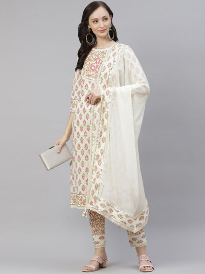 Dhiyona KL Ethnic Motifs Printed Thread Work Pure Cotton Kurta & Trousers With Dupatta