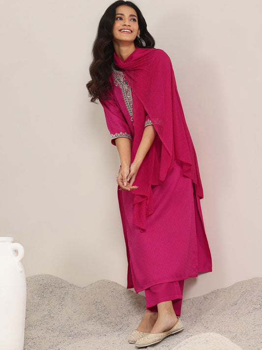 Floral Yoke Design Sequnnied Straight Kurta With Trousers & Dupatta