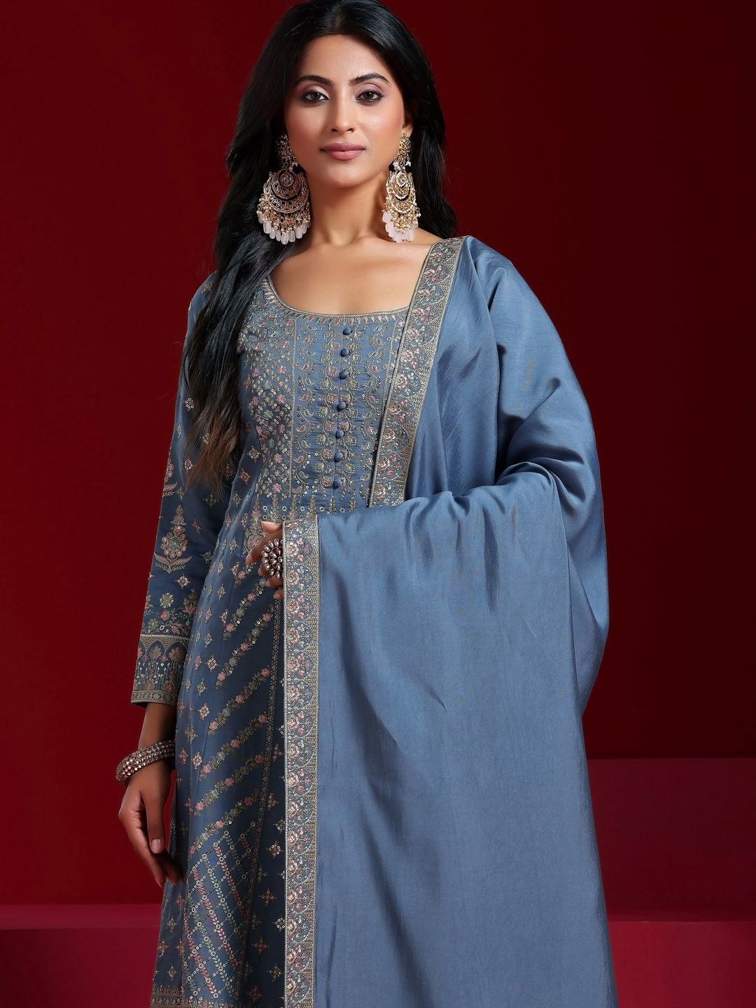 Dhiyona LL Ethnic Motifs Embroidered Sequinned Anarkali Kurta With Palazzos & Dupatta