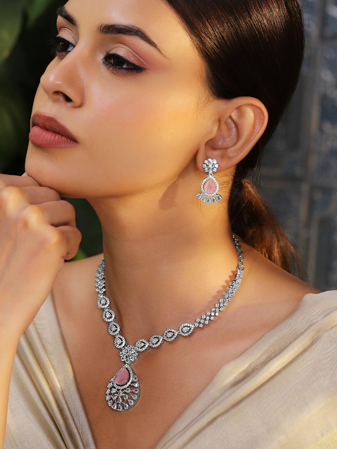Dhiyona RJ Women's Rhodium-Plated Pastel Pink AD & Cubic Zirconia Studded Necklace Set