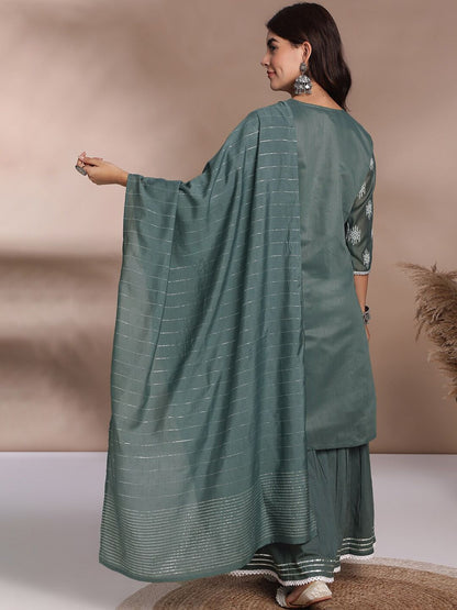 Dhiyona AN Women Floral Printed Regular Chanderi Silk Kurta with Sharara & With Dupatta