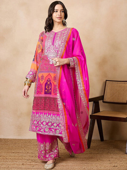 Dhiyona KL Floral Embroidered Regular Beads & Stones Kurta With Palazzos & Dupatta