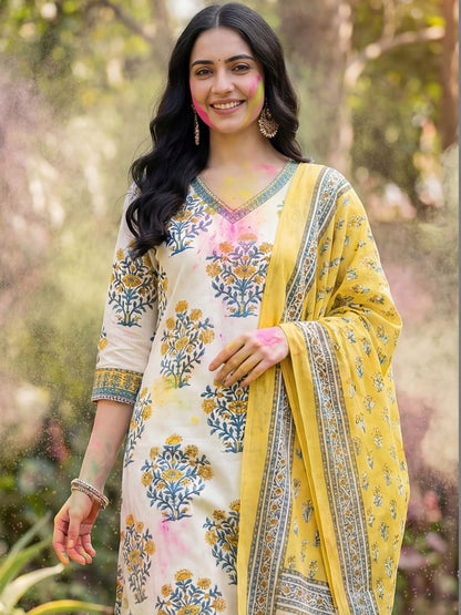 Women Floral Printed Regular Pure Cotton Kurta with Trousers & With Dupatta