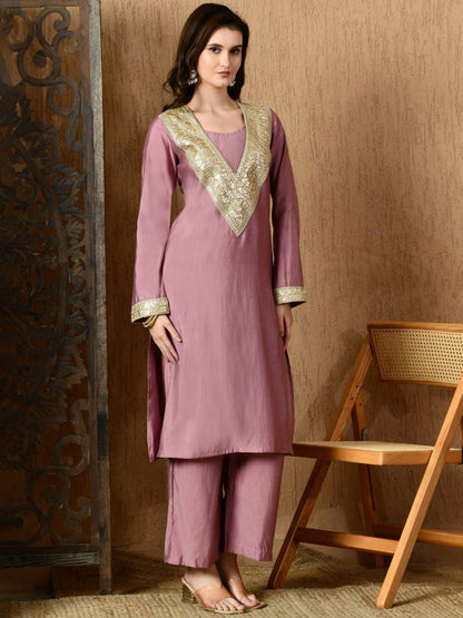 Round Neck Long Sleeves Kurta With Trousers & Dupatta