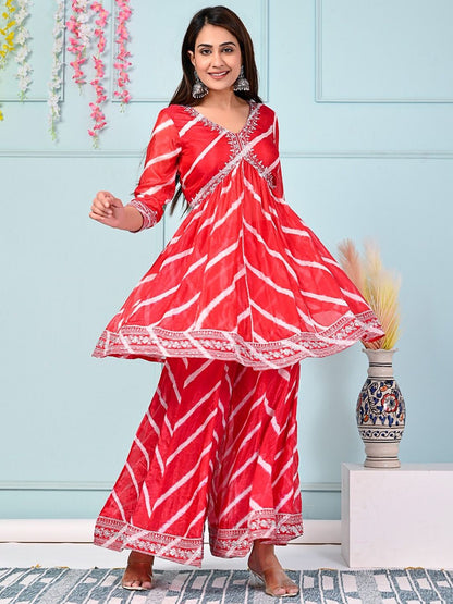 Dhiyona SN Red & White Leheriya Printed Thread Work Silk Kurta With Sharara & Dupatta