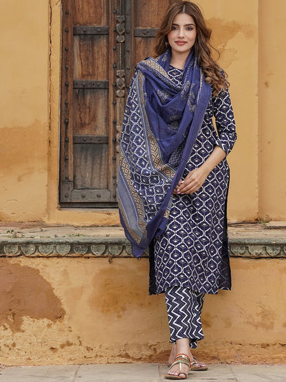 Dhiyona KL Ethnic Motifs Printed Straight Kurta With Trouser & Dupatta