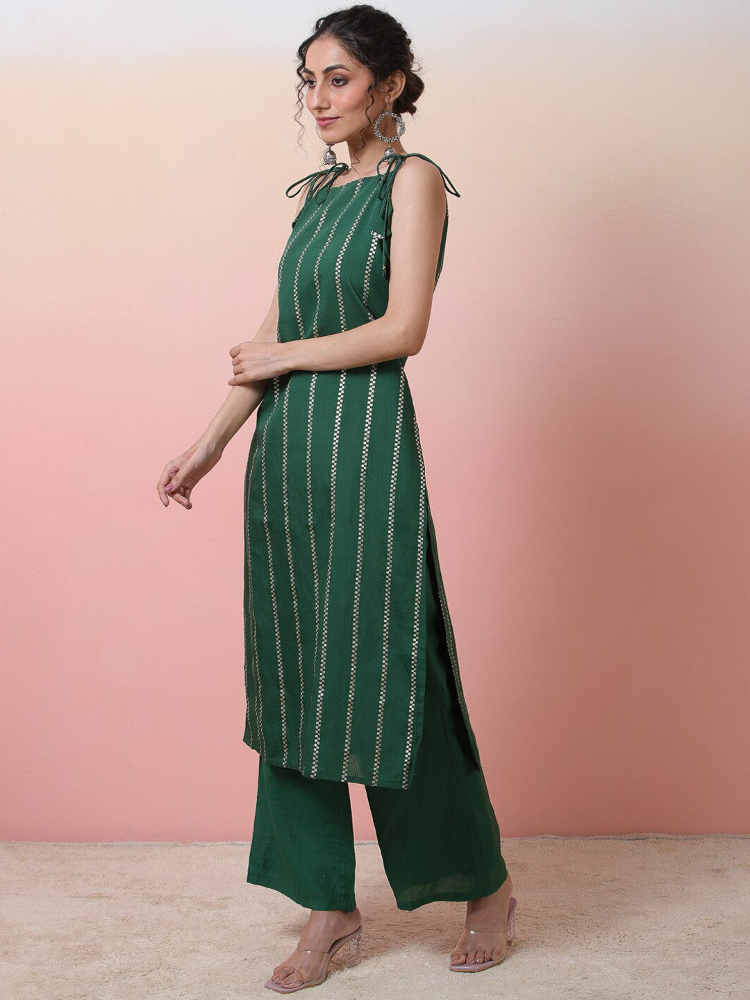 Striped Sleeveless Chanderi Silk Straight Kurta With Palazzos