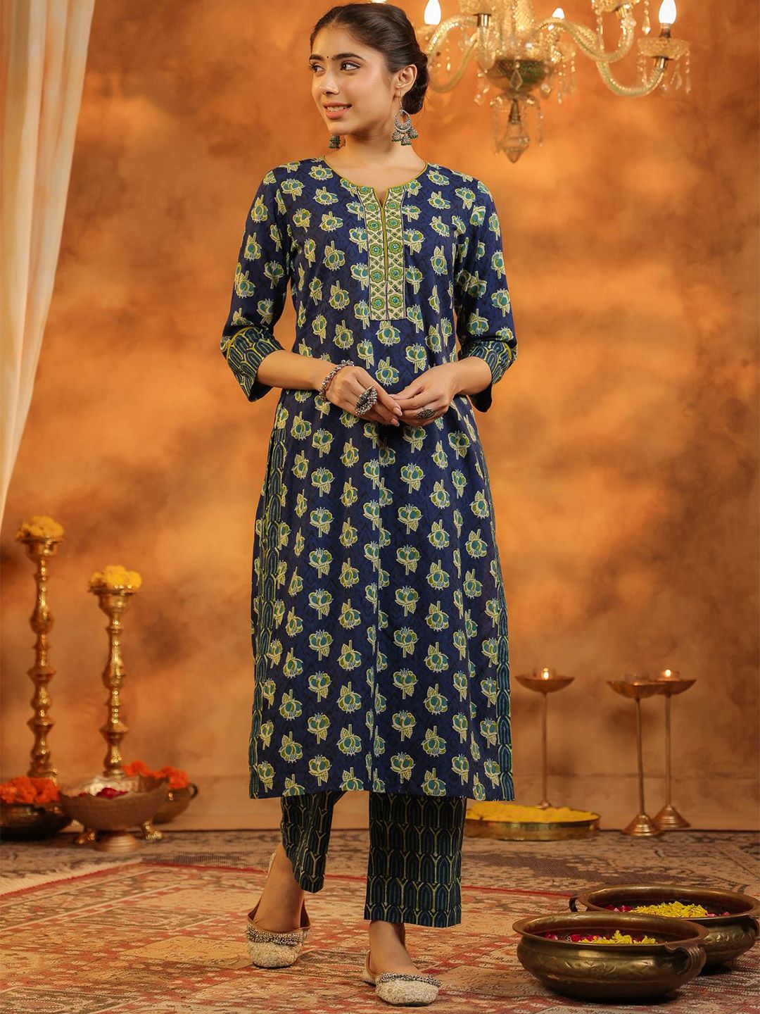 Dhiyona RR Women's Floral Printed Regular Pure Cotton Kurta with Trousers & With Dupatta