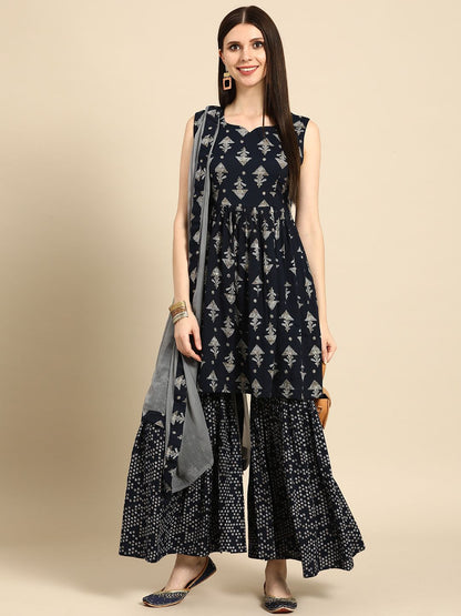 Dhiyona AN Women Navy Blue & Grey Ethnic Motifs Printed Kurta with Sharara & Dupatta