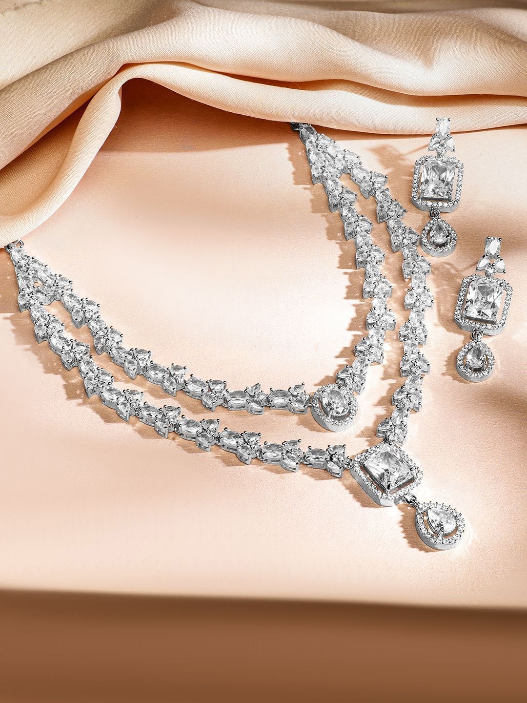 Dhiyona RJ Women's Rhodium-Plated White Cubic Zirconia Studded Luxe Double-Layer Necklace Set