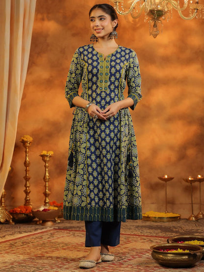 Dhiyona RR Women's Ethnic Motifs Printed Pure Cotton Anarkali Kurta with Trousers & Dupatta