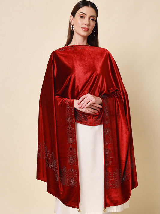 Dhiyona PA Women Maroon Velvet Crystal Shawl
