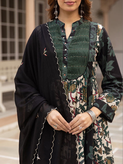 Printed Pure Cotton A-Line Kurta With Trousers & Dupatta