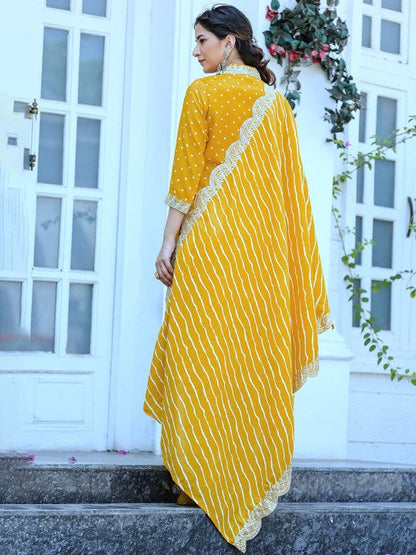 Women's Bandhani Embroidered Regular Sequinned Kurta With Trouser & Dupatta