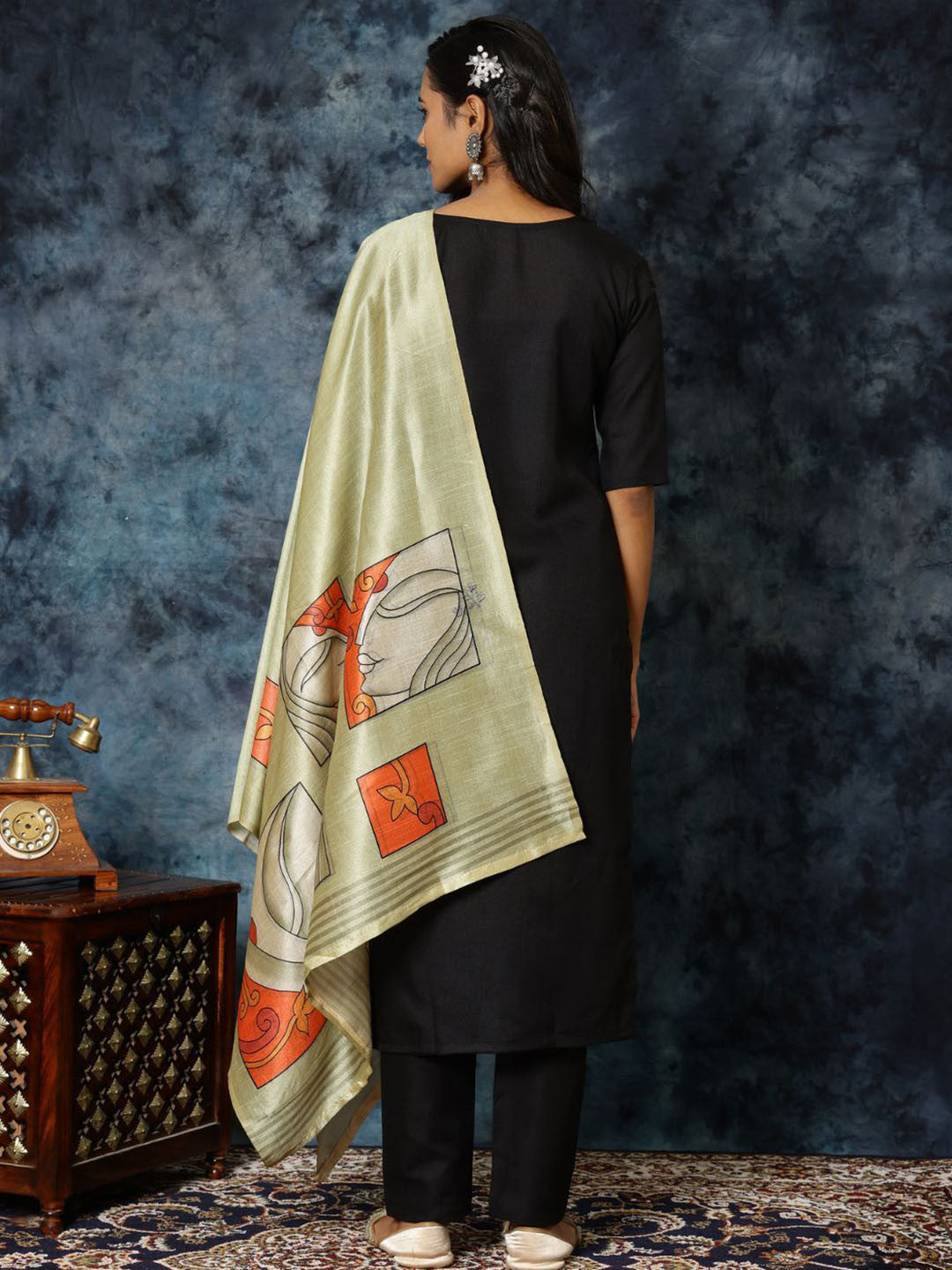 Black Abstract Printed V-Neck Patchwork Straight Kurta With Trousers And Dupatta
