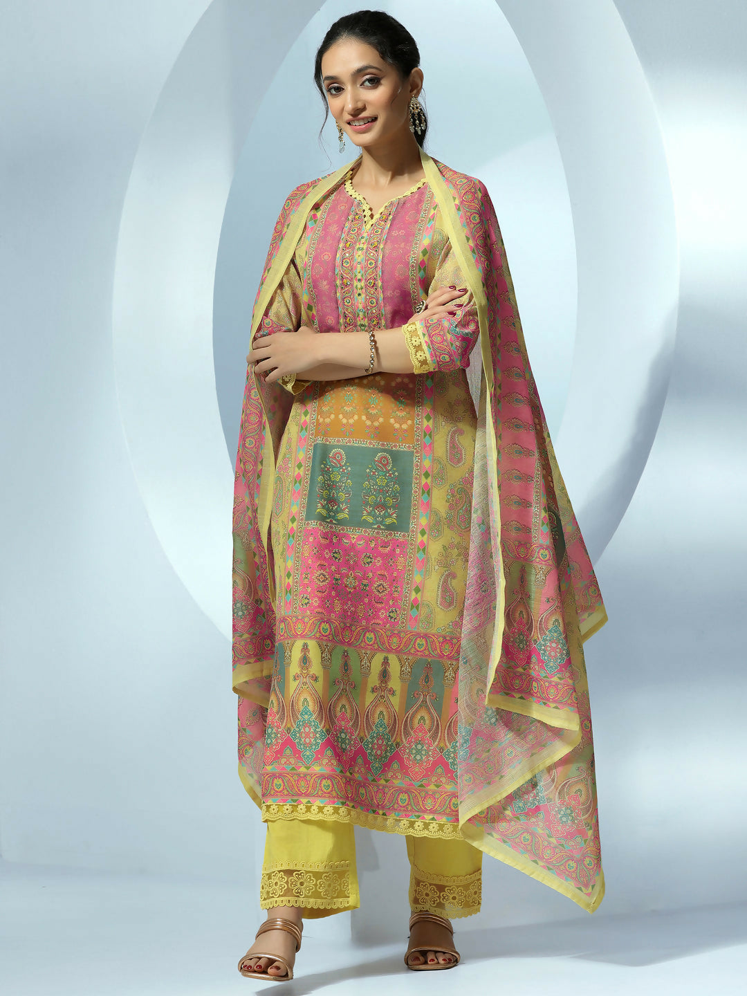 Women's LB Yellow Printed Linen Straight Suit With Dupatta