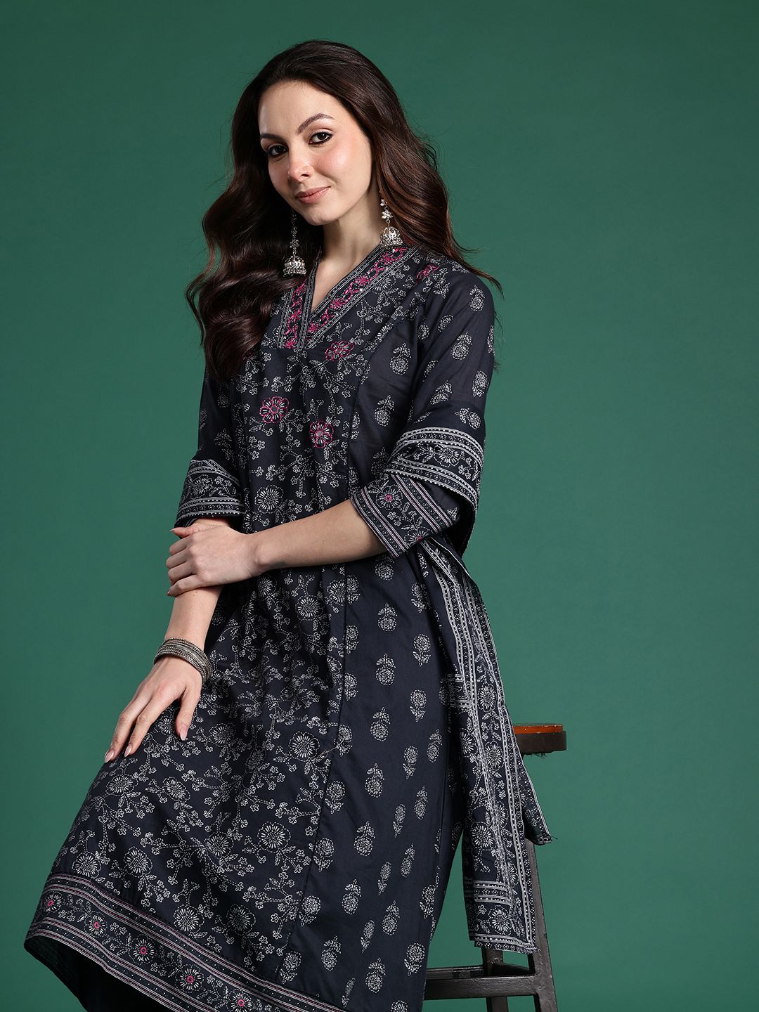 Dhiyona IE Floral Printed Pure Cotton Kurta with Trousers & Dupatta