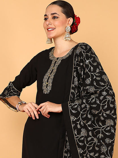 Dhiyona KL Floral Embroidered Bell Sleeves Straight Kurta with Palazzos & Dupatta