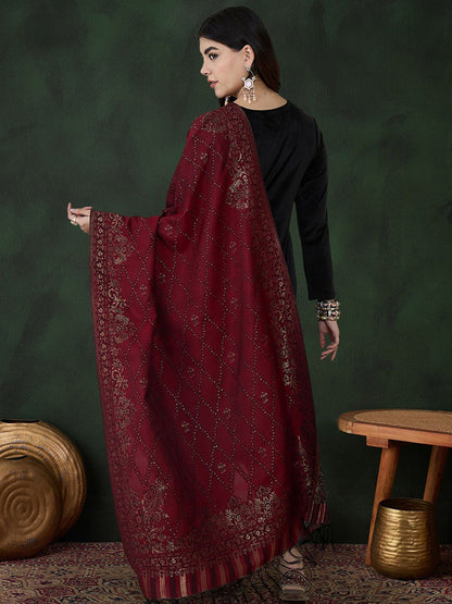 Black Geometric Yoke Design V-Neck Velvet Kurta With Trouser With Dupatta